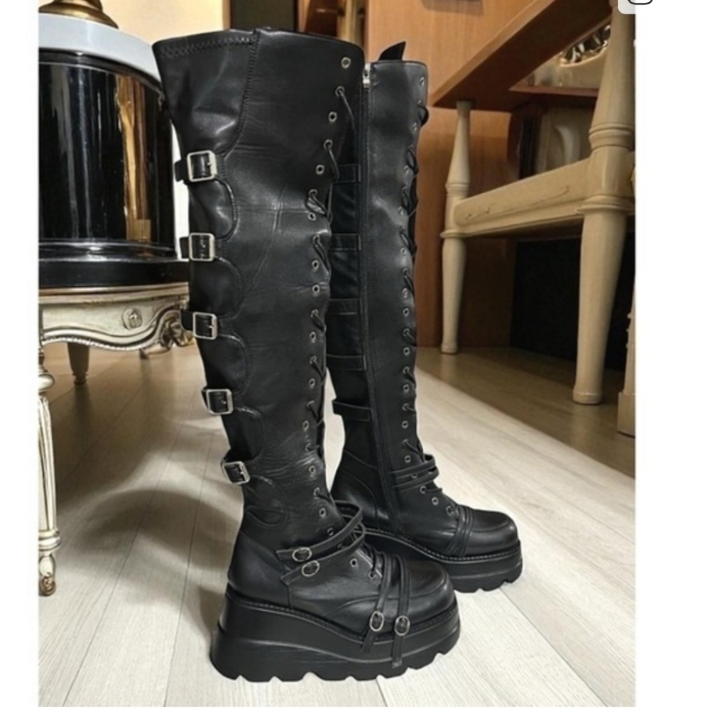 Dolls Kill Platform Boots Thigh High Buckle Lace Up Over The Knee Black Size 11